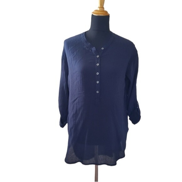 Three Dots Henley Semi Sheer Gauze Tunic Top M Navy Blue New - Picture 1 of 16